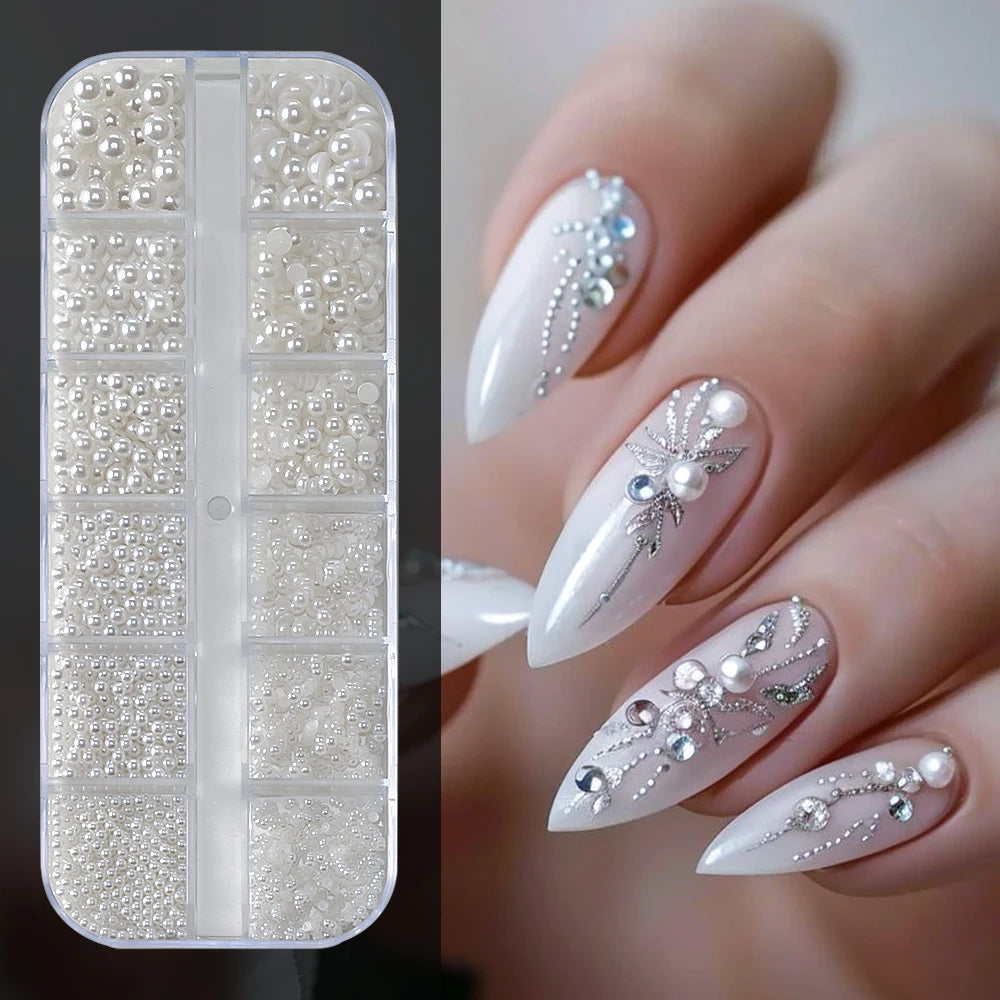 12Grids Ocean Gold Nail Art Charms Shell/Seahorse/Starfish White Half Round Pearl Gems 3D Mixed Punk Manicure Metal Rivets Studs