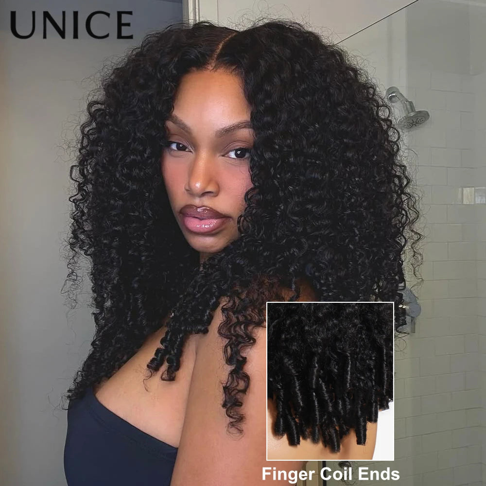 UNice 7x5 & 13x4 Lace Curly Human Hair Wig With Finger Coil Ends Pre Plucked Pre Cut Pre Bleached Glueless Wig With Drawstring