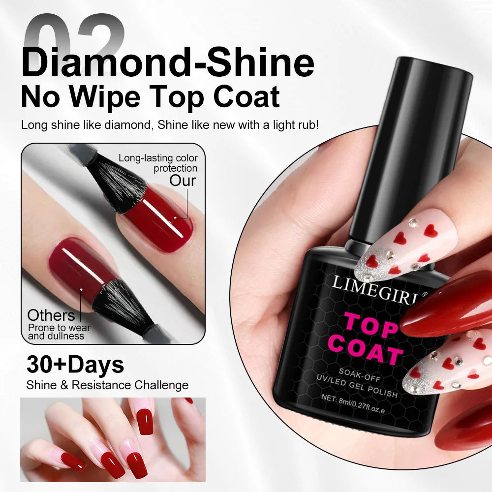 LIMEGIRL 8ml Soak Off Matte Top Base Coat for Nails UV Gel Polish Semi Permanent Functional Manicure Top Base Coat Varnish