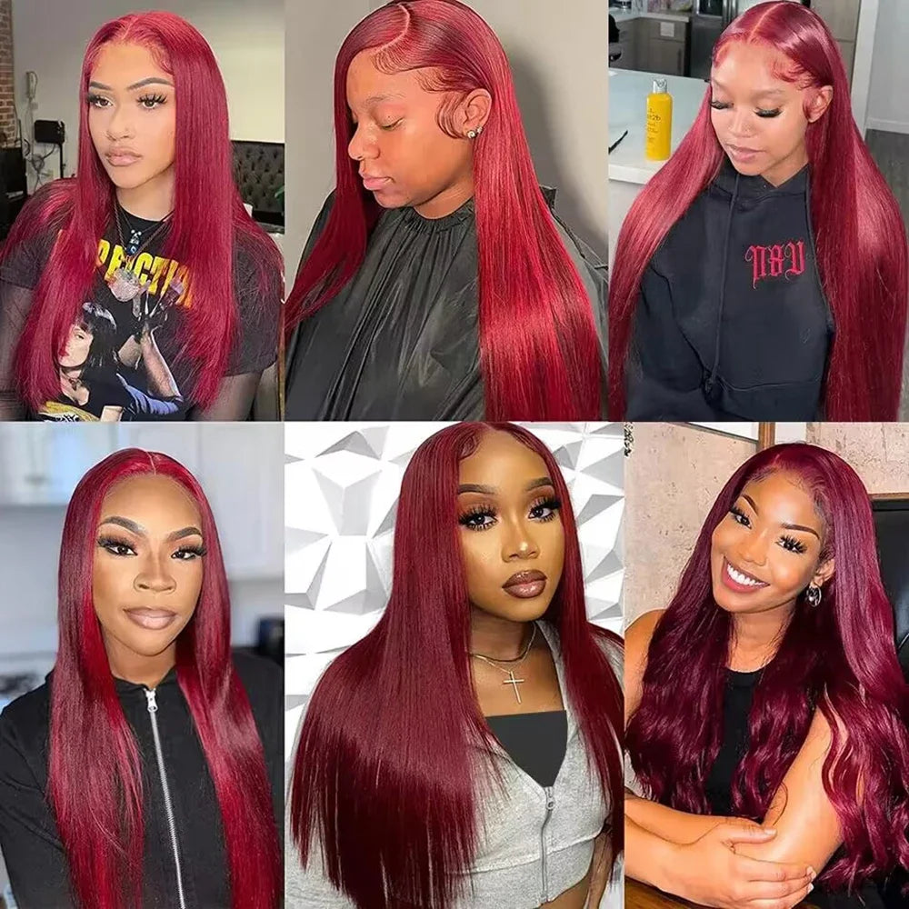 High Density Human Hair 13x4 Lace Front Wig 99j Bone Straight Burgundy 13x6 Hd Lace Frontal Wigs For Women 40 Inch Colored