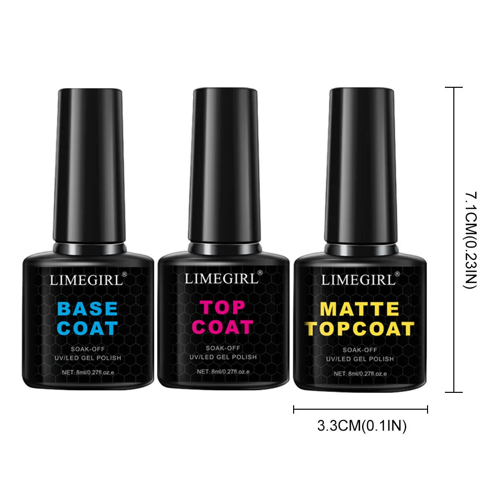LIMEGIRL 8ml Soak Off Matte Top Base Coat for Nails UV Gel Polish Semi Permanent Functional Manicure Top Base Coat Varnish