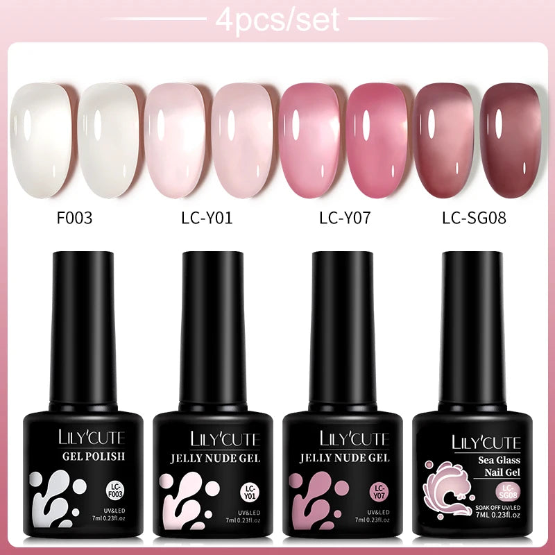 LILYCUTE 4/5Pcs/Set 7ML Nude Pink Gel Nail Polish and Translucent Jelly Nail Art Gel Semi Permanent Soak Off Design Manicure Set