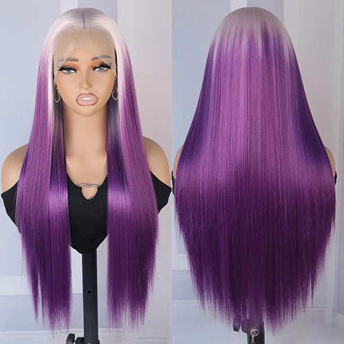 13x4 Ombre Purple Color Synthetic Lace Front Wigs Pre Plucked Natural Hairline White Roots Heat Resistant Fiber for Women Party