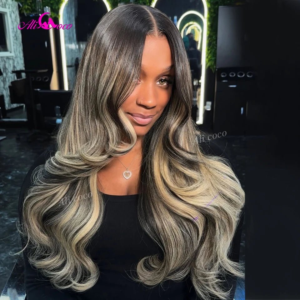 Black and Blonde Highlights 5x5 Lace Closure 180 Density Body Wave Human Hair Wig 13x6 Lace Front Wigs Pre Plucked for Women