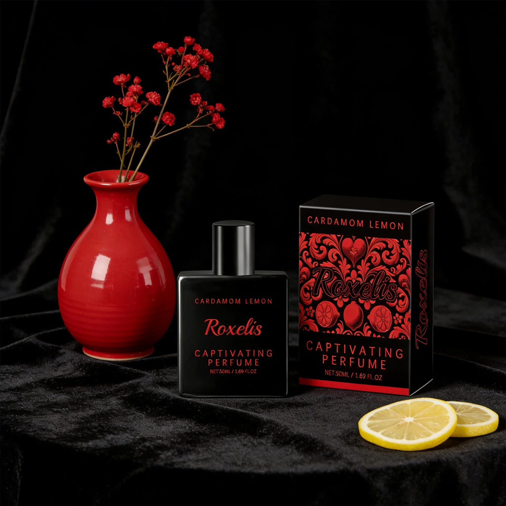 ROXELIS 50 ml Cardamom Lemon Eau de Parfum with a fresh captivating fragrance, blending aromatic cardamom and zesty lemon notes