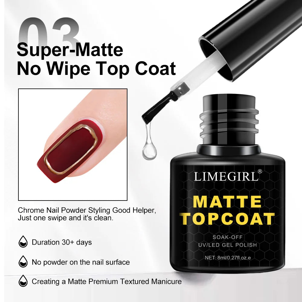 LIMEGIRL 8ml Soak Off Matte Top Base Coat for Nails UV Gel Polish Semi Permanent Functional Manicure Top Base Coat Varnish