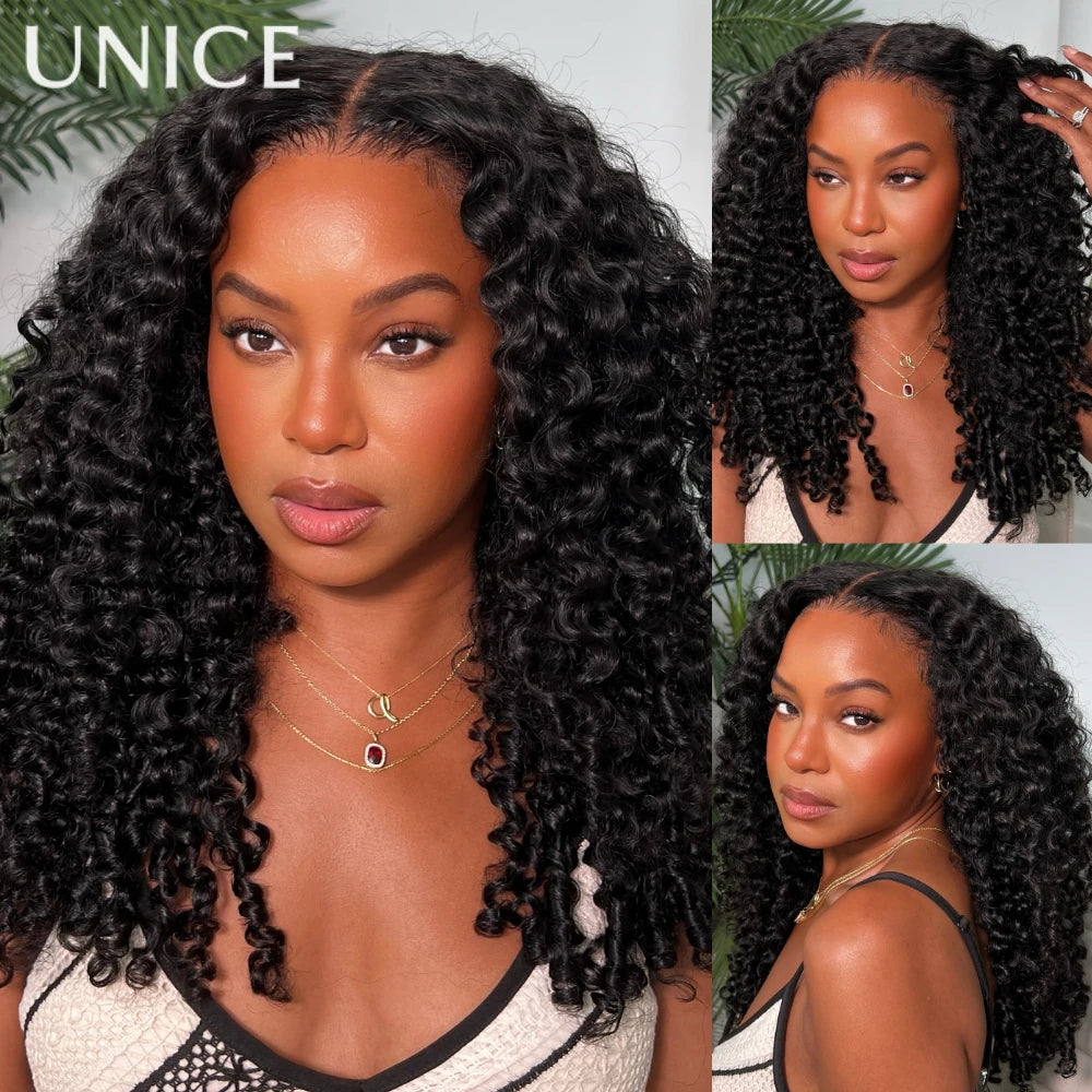 UNice 7x5 & 13x4 Lace Curly Human Hair Wig With Finger Coil Ends Pre Plucked Pre Cut Pre Bleached Glueless Wig With Drawstring