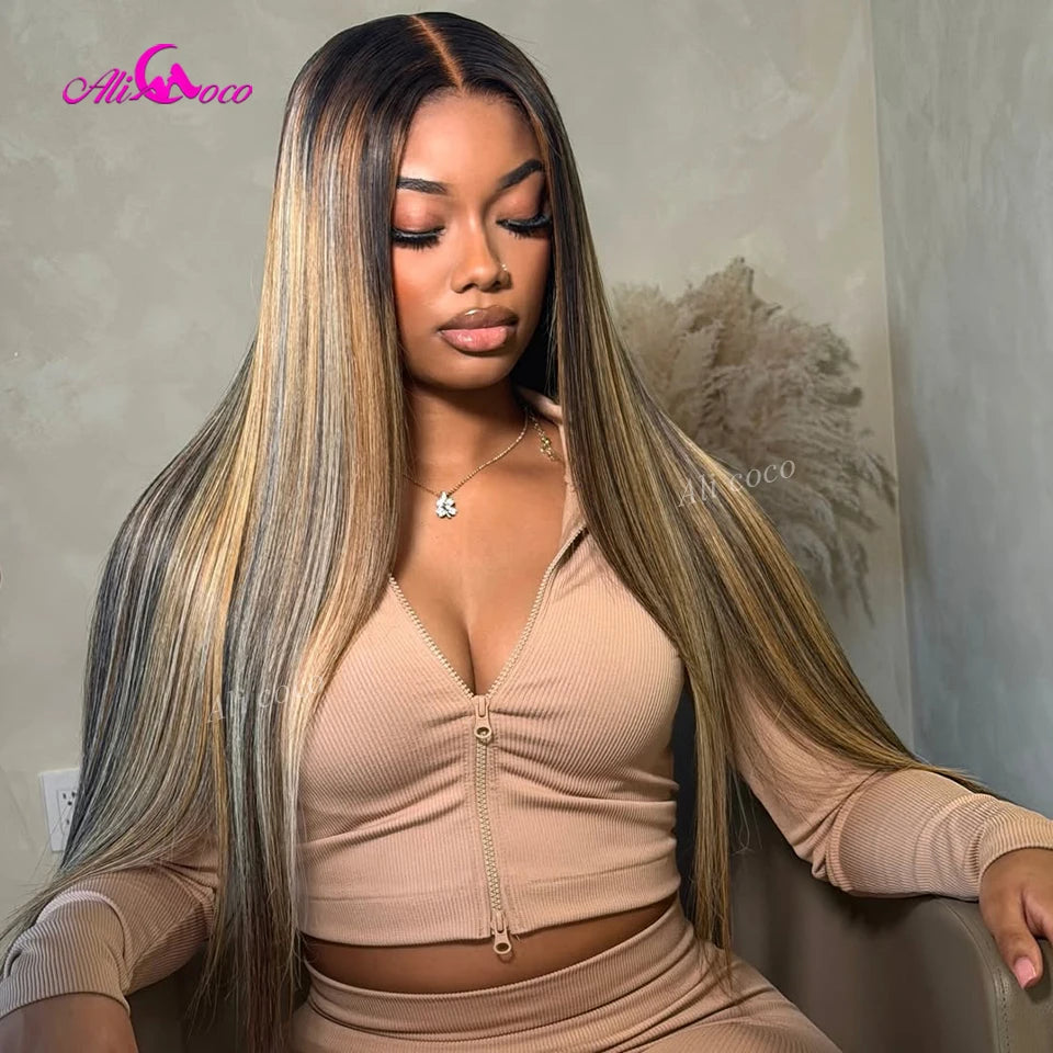 Black with Brown and Blonde Highlights Lace Closure 180Density Human Hair Straight Transparent 13X6 Lace Front Wigs Pre Plucked