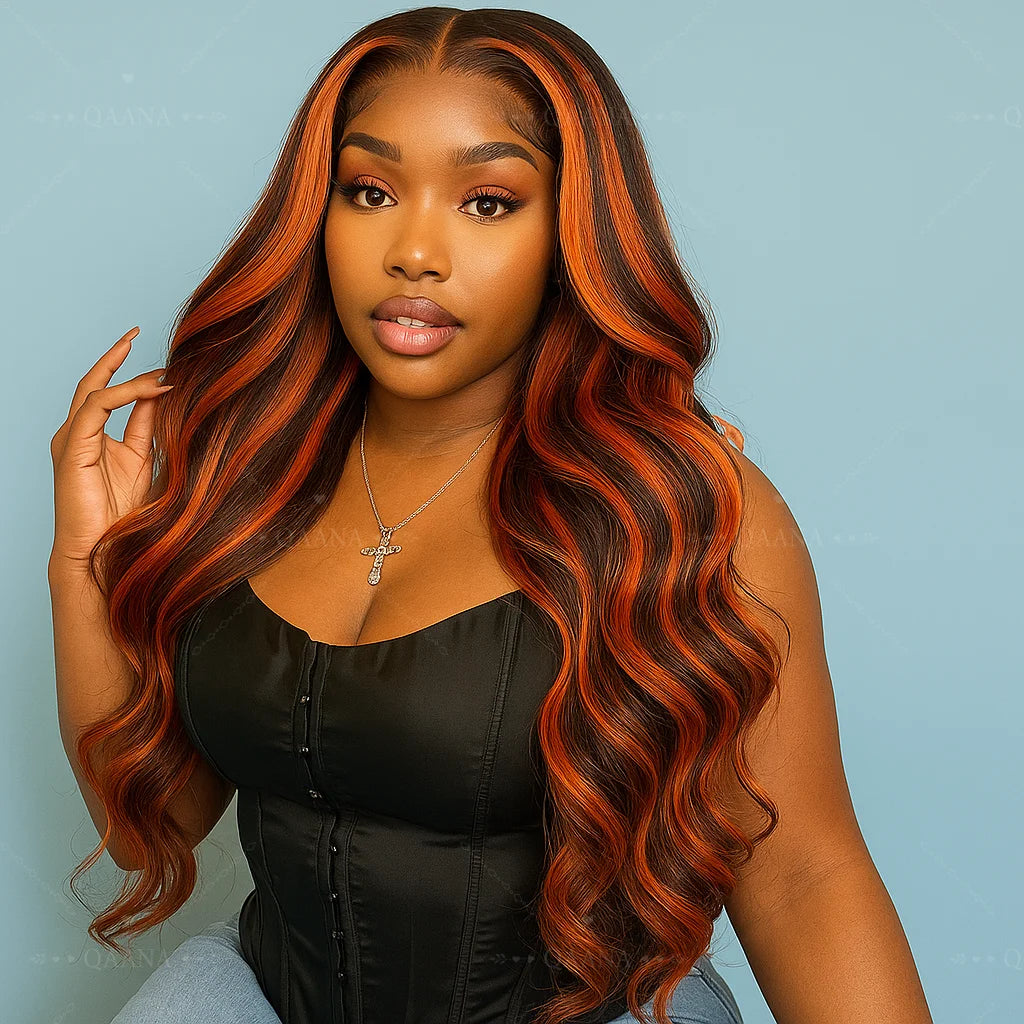 200% Ginger Brown Highlight Wig Human Hair Body Wave Pre Plucked Lace Front Wigs Ombre Ginger Orange Colored 5x5 Glueless Wigs