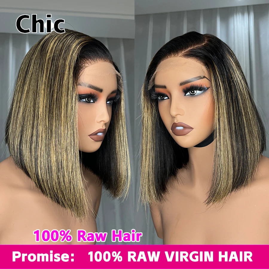 Gd Chic Real HD Lace Wig 100% Human Hair #1B/4 Colored Ombre Straight Short Bob Wig 200gram 5x5 HD Lace Closure Wigs Wear And Go