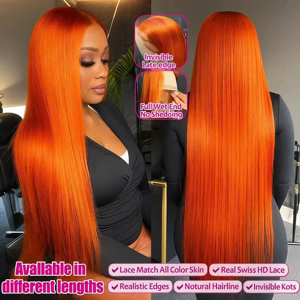 350# Colored Orange Ginger Wig Human Hair HD 13x4 Bone Straight Lace Front Wigs Pre Plucked 13x6 Lace Frontal Wigs For Women