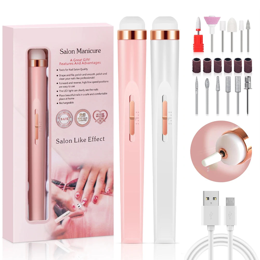YIKOOLIN Portable Nail File Care Set LED Light Adjustable 4 Speed with 12 Attachment Drill Bits USB Charge Home Use