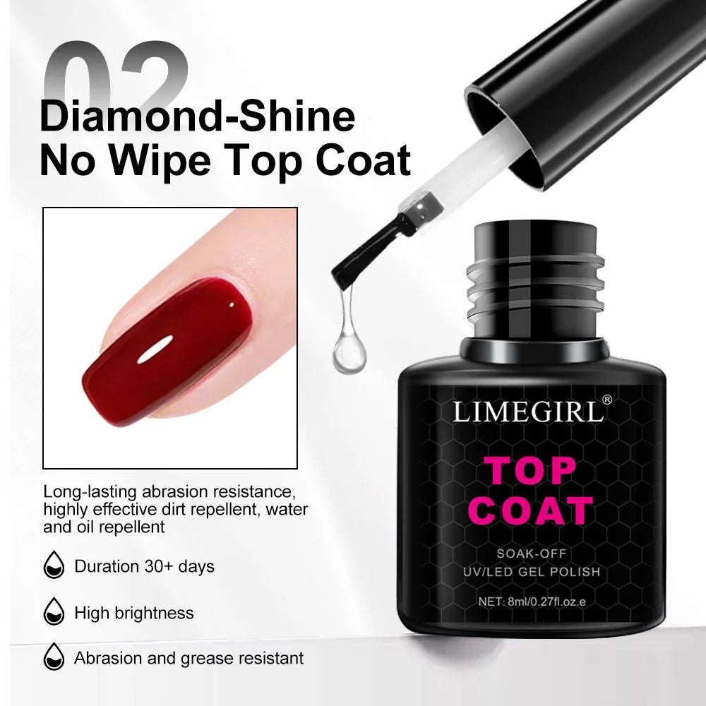 LIMEGIRL 8ml Soak Off Matte Top Base Coat for Nails UV Gel Polish Semi Permanent Functional Manicure Top Base Coat Varnish