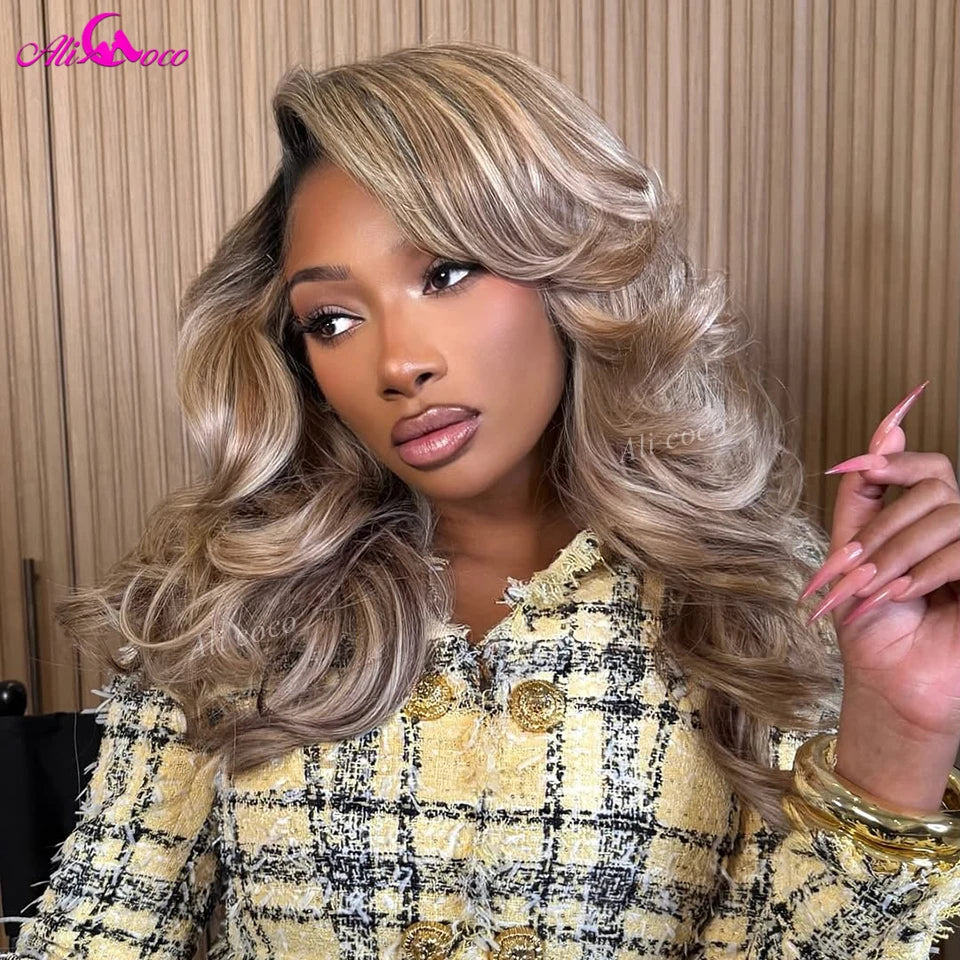 Transparent Lace Front Human Hair Wig 13x6 Lace Front 180 Density Highlights Blonde Ombre Blonde with Black Roots for Women