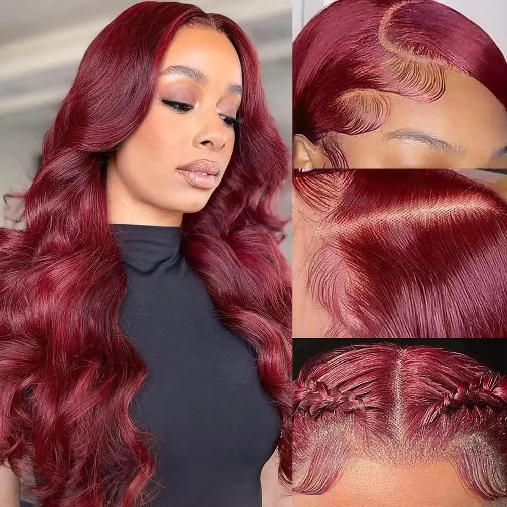 99J Burgundy Lace Front Wig 13x6 HD Transparent Lace Frontal 200 Density Body Wave Pre Plucked Pre Cut Lace Glueless 46 Inches