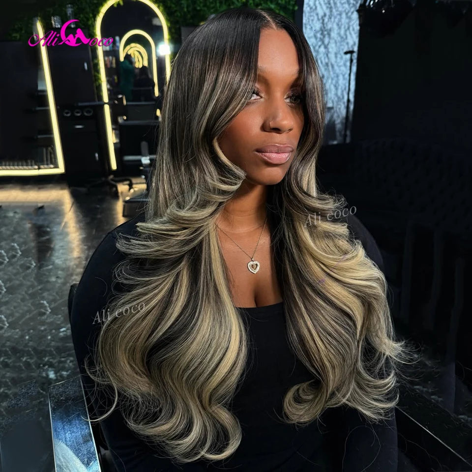 Black and Blonde Highlights 5x5 Lace Closure 180 Density Body Wave Human Hair Wig 13x6 Lace Front Wigs Pre Plucked for Women