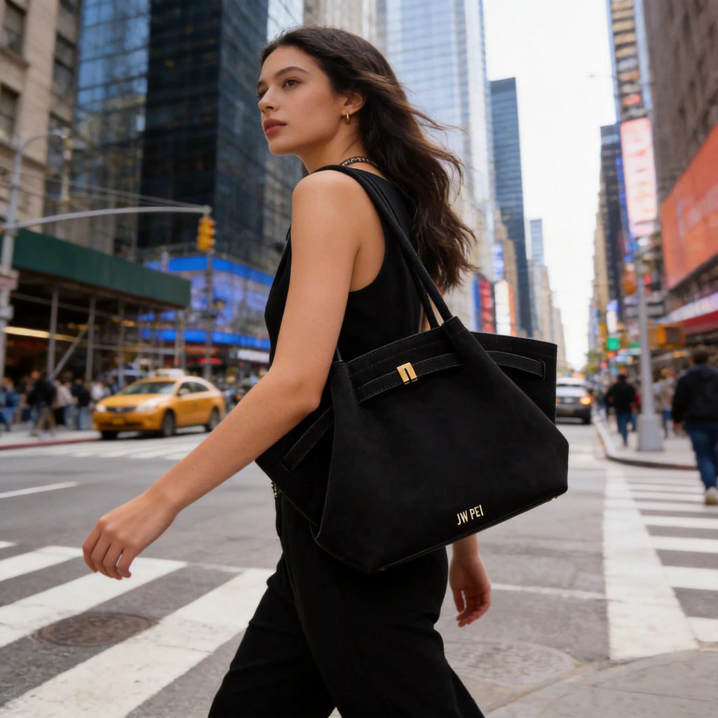 JW PEI Women's High Quality Vintage Dumpling Bag Black Faux Suede, Vegan Leather Crossbody Shoulder Tote Handbag for Everyday