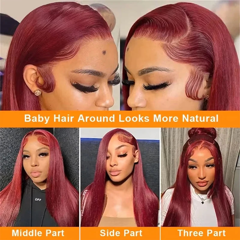 99J Burgundy Lace Front Human Hair Wig 36 Inch Straight Lace Frontal Wigs 13x6 HD Transparent Lace Colored Red Wig For Women