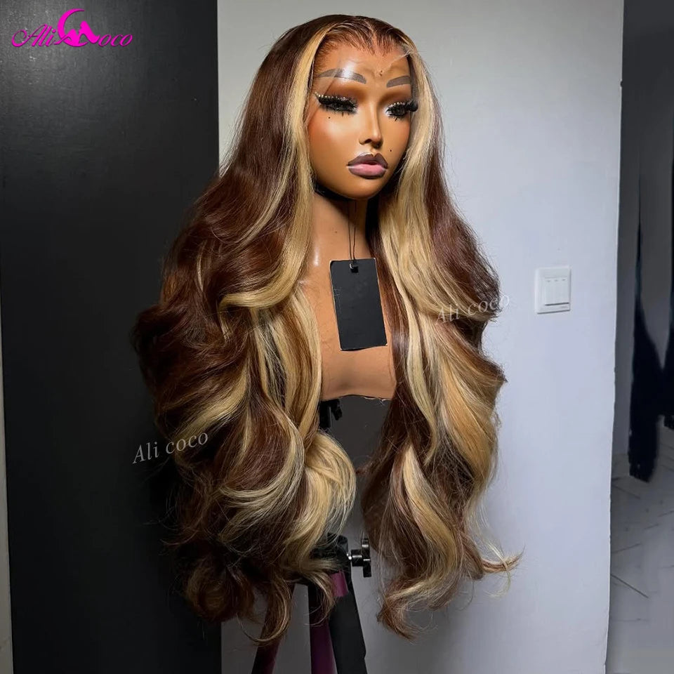 13x6 Lace Front Human Hair Highlights Blonde with Natrural Dark Brown Colored Body Wave Human Hair Transparent Lace Pre Plucked