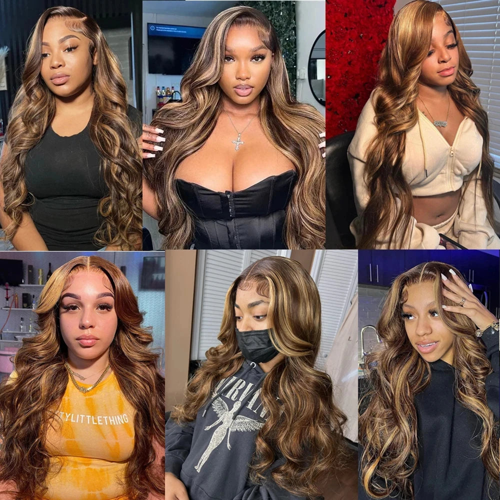 Rosslyn Body Wave Wig Highlighted Human Hair Wig P4/27 Highlight 13x6 Lace Frontal Wig Brazilian Wigs Original Baby Hair HD Lace