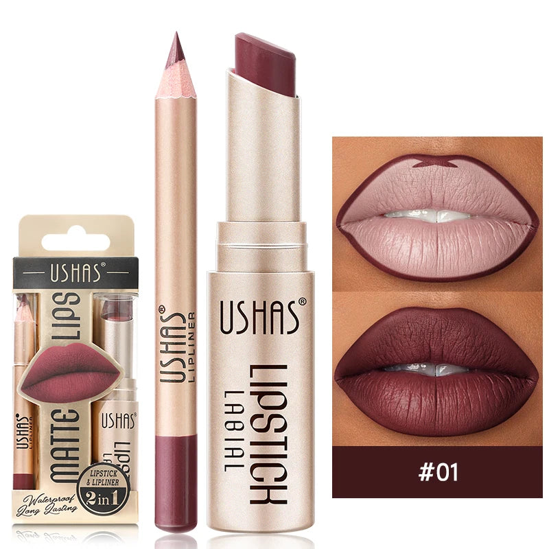 Professional 2PCS Lip Liner Lipstick Set Matte Finish High Pigment Long Lasting Waterproof Sweatproof Cosmetic Beauty Kit