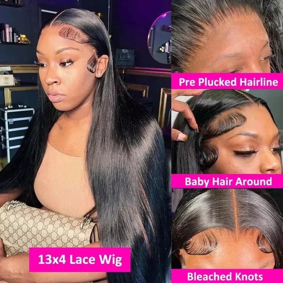 13x4 HD Transparent Bone Straight Human Hair Lace Frontal Wigs 250 Density 4x4 Closure Human Hair Wigs for Women 30 40 Inch