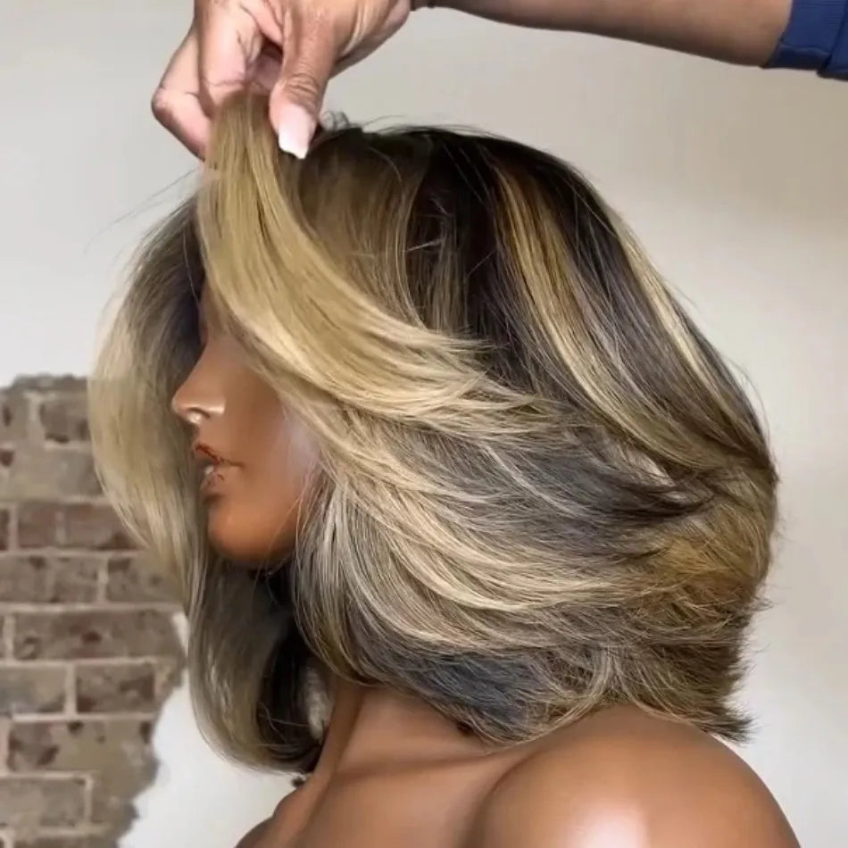 Bob Wig Human Hair Honey Blonde Highlights Layered Wig With Face-Framing Bangs Short 5X5 Hd Lace Closure Wigs For Women 12 Inch