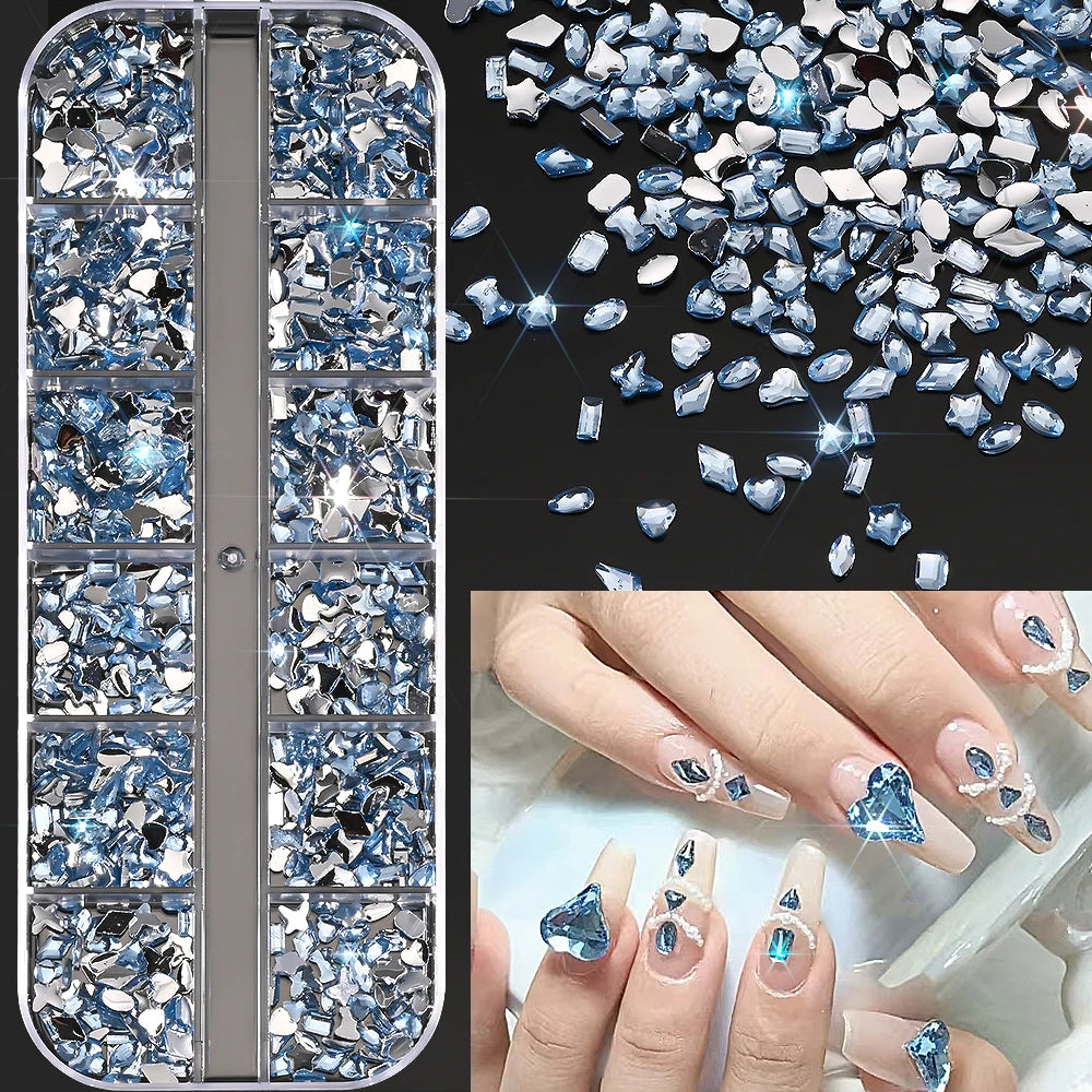 12Grids Ocean Gold Nail Art Charms Shell/Seahorse/Starfish White Half Round Pearl Gems 3D Mixed Punk Manicure Metal Rivets Studs