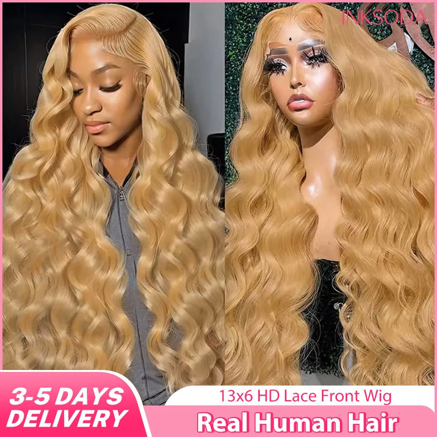 220% Density 13x6 Transparent HD #27 Colored Honey Blonde Body Wave Human Hair Wig PrePlucked Lace Frontal Wigs For Black Women