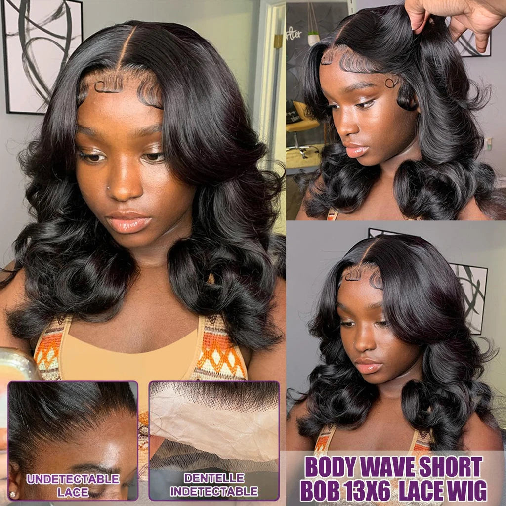 Bob Wigs Body Wave Human Hair Short Bob 13x4 13x6 Lace Front Wig Black 250 Density Glueless Black Lace Frontal Wigs Pre No Gluez