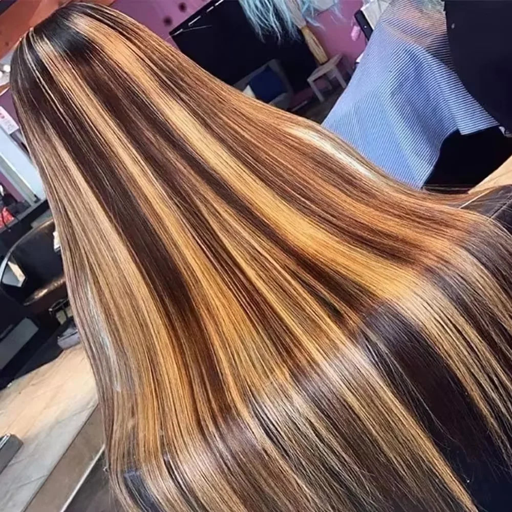 Highlight Wigs Straight 13X6 Hd Lace Frontal Wig Human Hair 220 Density 38 Inch P4/27 Ombre Pre Plucked Brazilian Hair Wigs