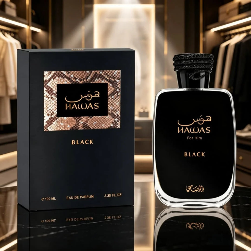 Rasasi Hawas Black EDP | Snakeskin box, bright citrus-woody notes, confident masculine vibe