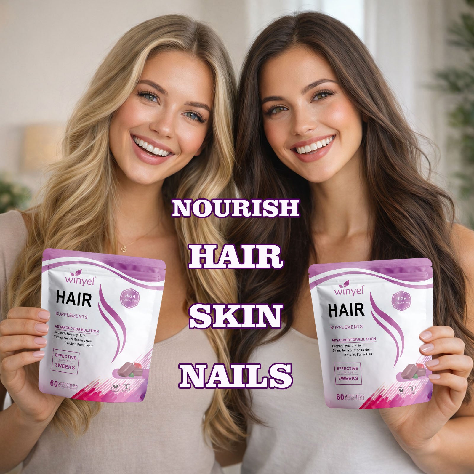 WINYEL Hair Growth Soft Chewables, Containing Hair Growth Vitamins For Men And Women, Biotin, To Help Create Thicker, Fuller, And Stronger Hair, Mixed Berries, 60 Soft Chewables.