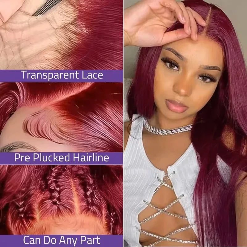 99J Burgundy Lace Front Human Hair Wig 36 Inch Straight Lace Frontal Wigs 13x6 HD Transparent Lace Colored Red Wig For Women