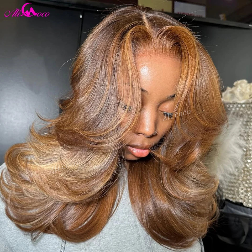 180 Density Highlight Brown Body Wave Human Hair Wigs 13x6 Transparent Lace Front Human Hair Wigs 13x4 Lace Frontal Wigs