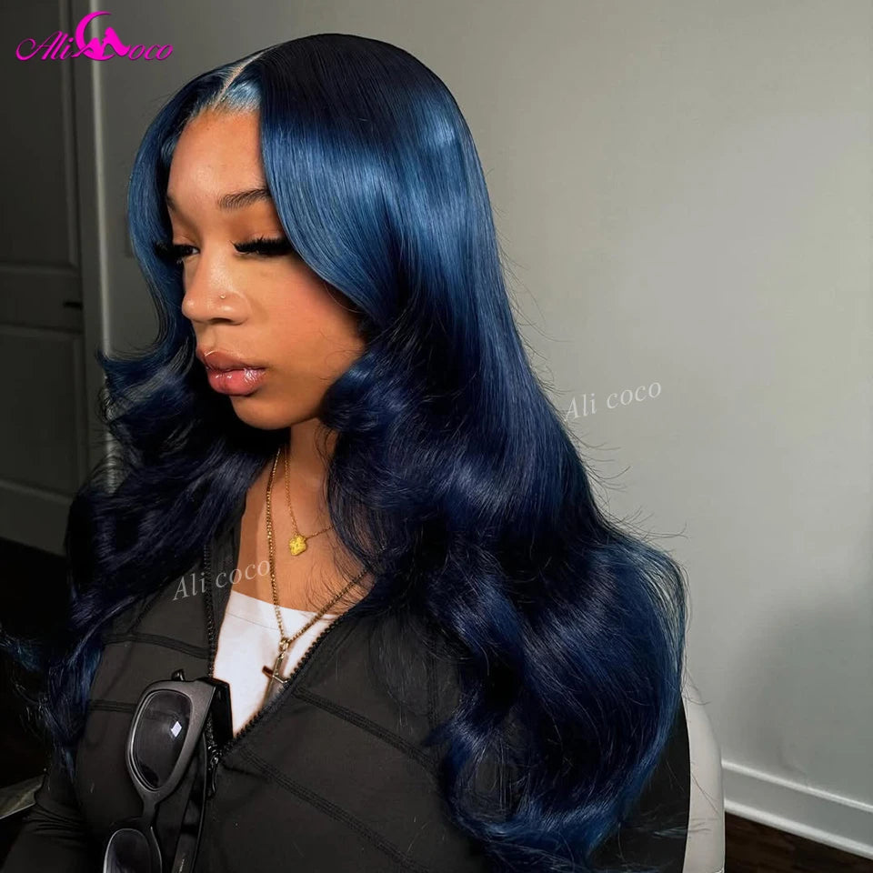 Dark Blue Body Wave Human Hair Wig Transparent 13x6 Lace Frontal Dark Blue Color Pre Plucked 13x4 Lace Frontal Wig for Women