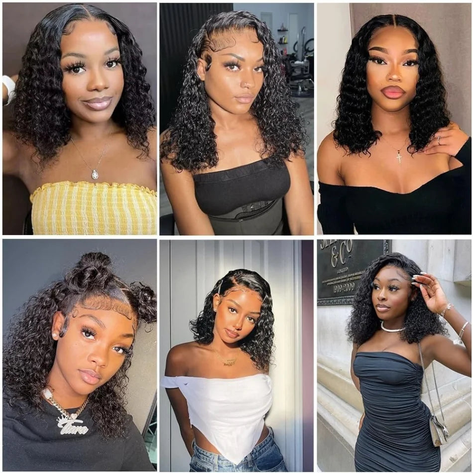 Wear And Go Glueless Short Bob Wig Human Hair Preplucked Precut For Black Women Water Deep Wave Curly 5X5 Hd Lace Front Wig 10In