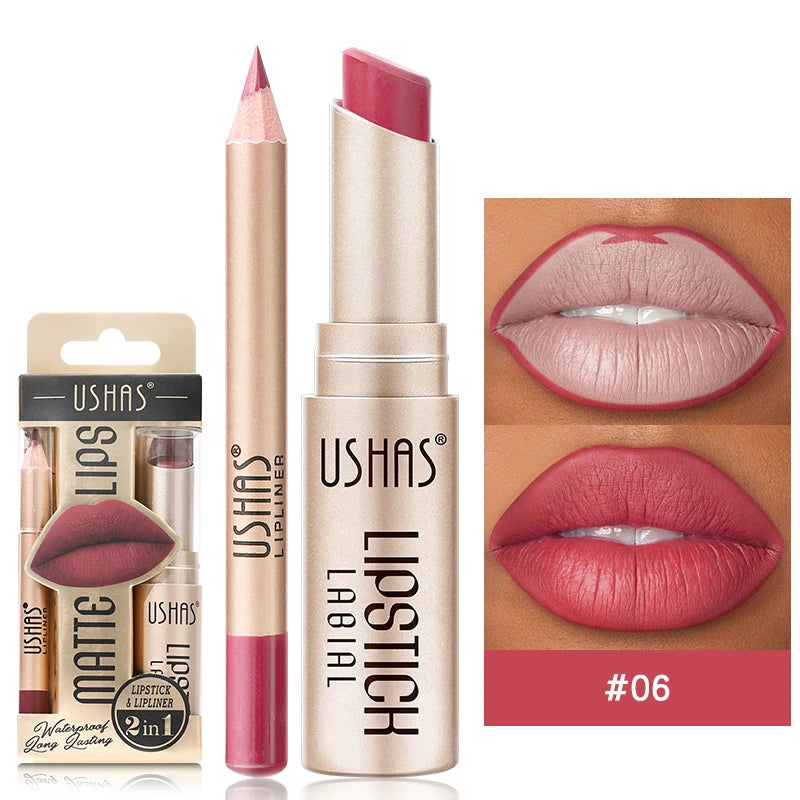 Professional 2PCS Lip Liner Lipstick Set Matte Finish High Pigment Long Lasting Waterproof Sweatproof Cosmetic Beauty Kit