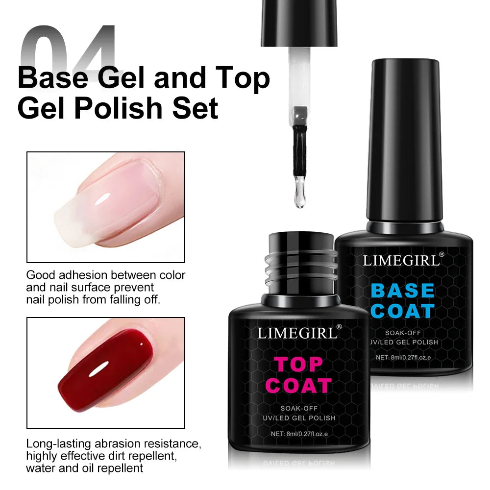 LIMEGIRL 8ml Soak Off Matte Top Base Coat for Nails UV Gel Polish Semi Permanent Functional Manicure Top Base Coat Varnish