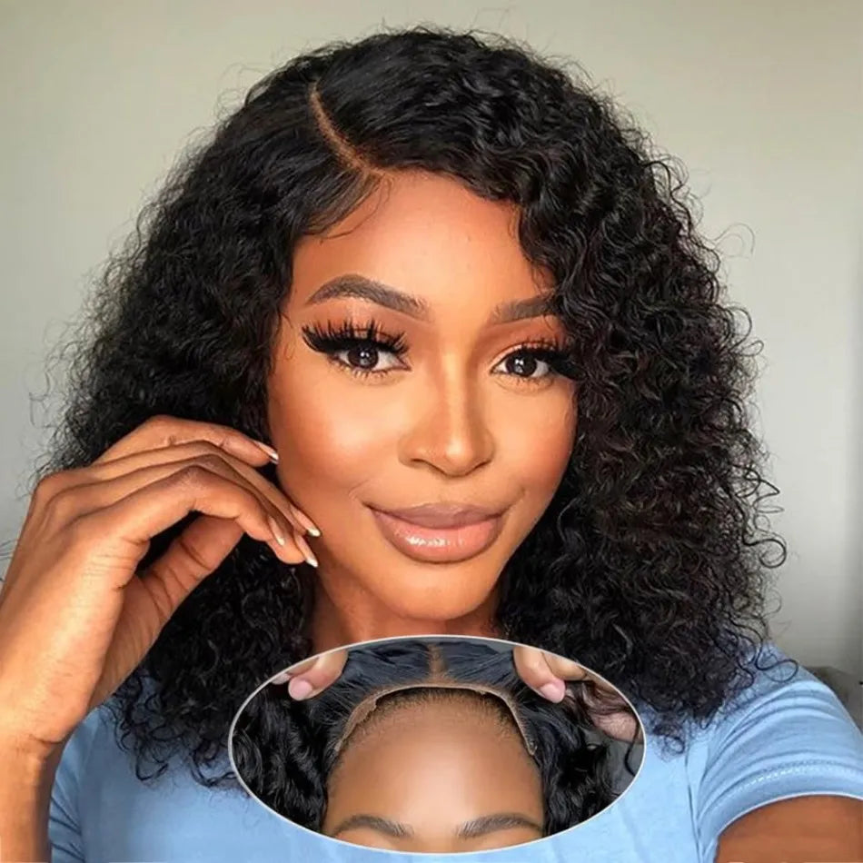 Wear And Go Glueless Short Bob Wig Human Hair Preplucked Precut For Black Women Water Deep Wave Curly 5X5 Hd Lace Front Wig 10In
