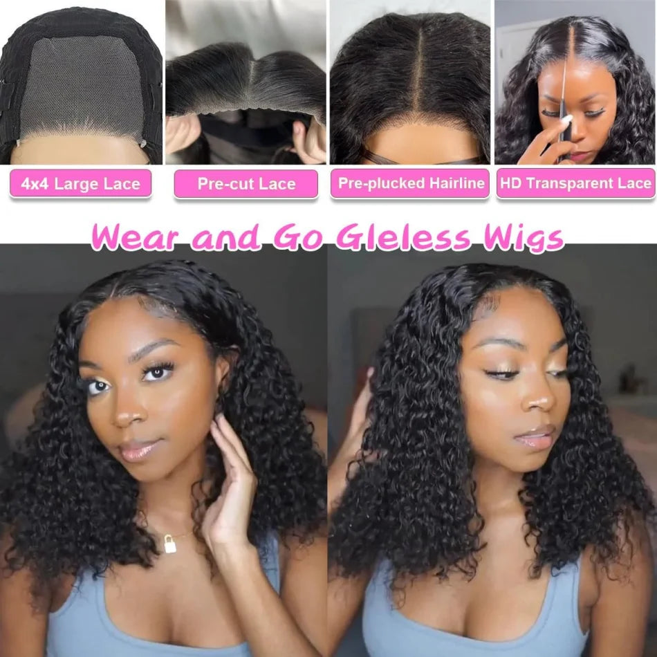 Wear And Go Glueless Short Bob Wig Human Hair Preplucked Precut For Black Women Water Deep Wave Curly 5X5 Hd Lace Front Wig 10In