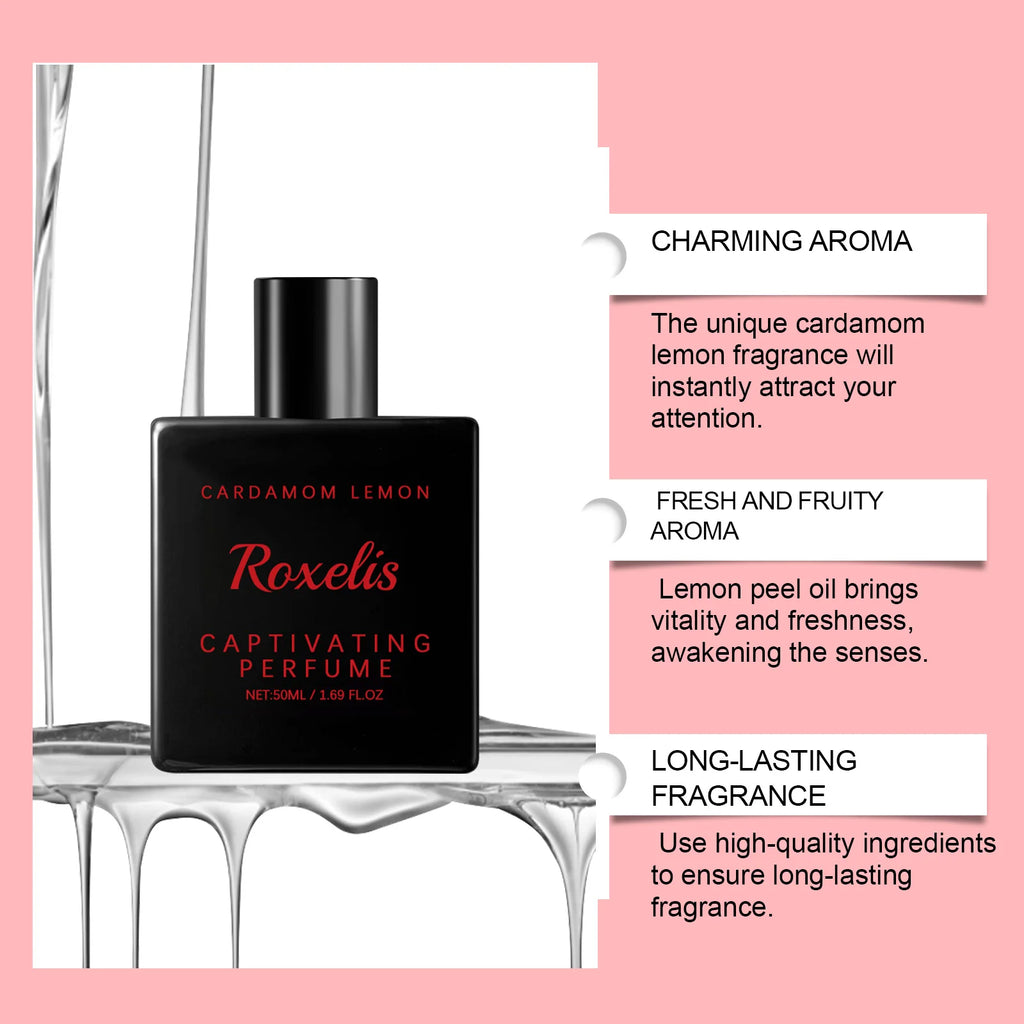 ROXELIS 50 ml Cardamom Lemon Eau de Parfum with a fresh captivating fragrance, blending aromatic cardamom and zesty lemon notes