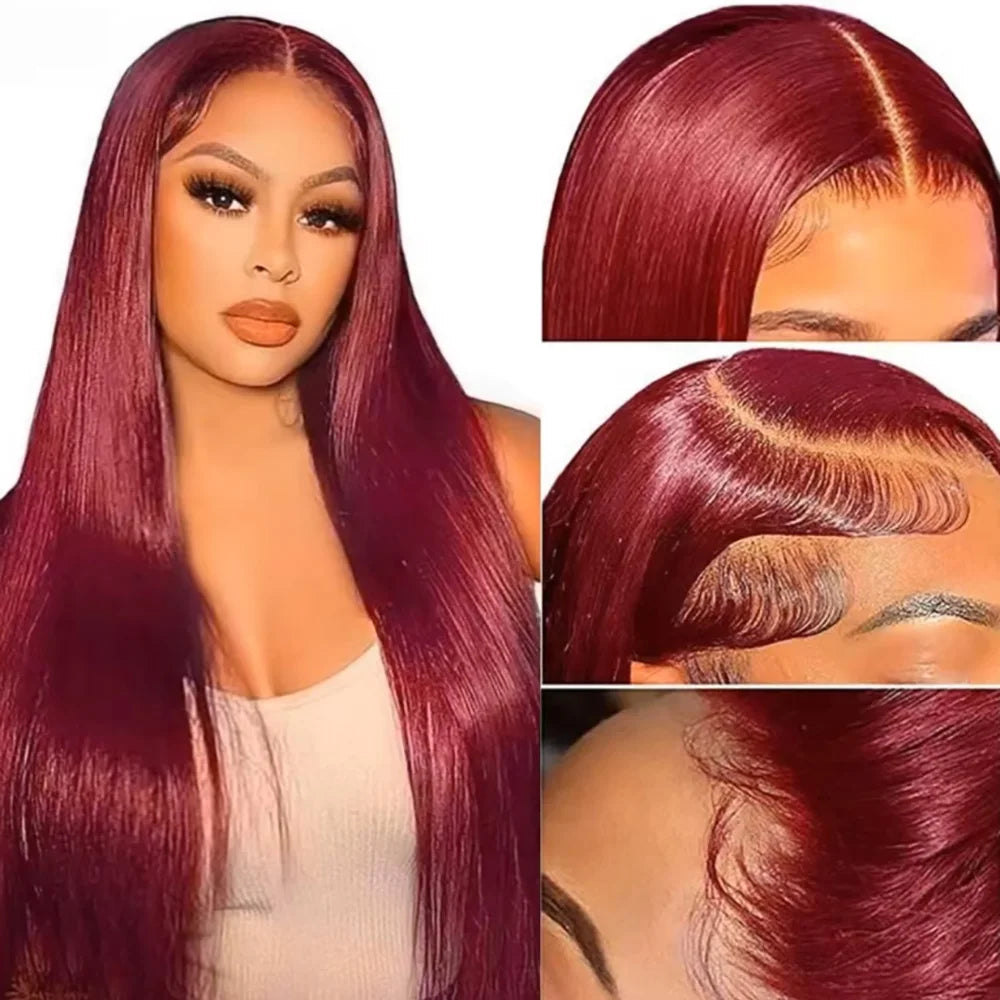 200 Density 99J Straight Lace Frontal Wig Human Hair 13x6 HD Lace Front Wig Pre Plucked Bleached Knots Glueless Wigs 46 Inches