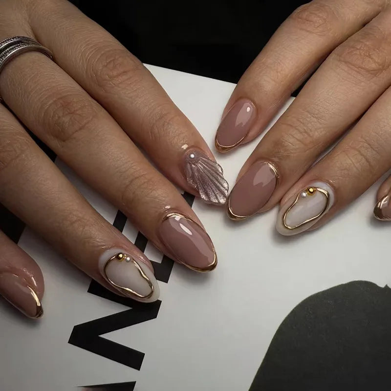 24Pcs Metallic Cat Eye French Sheer Manicure Tip Art Textured 3D Acrylic False Nails Nude Pink Almond Medium Press on Fake Nails