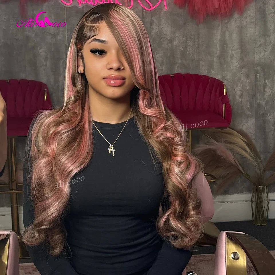 Brown and Pink Highlights 180 Density 13X6 5X5 Transparent Lace Front Human Hair Body Wave Lace Closure Wigs 13X4 Brazilian Hair