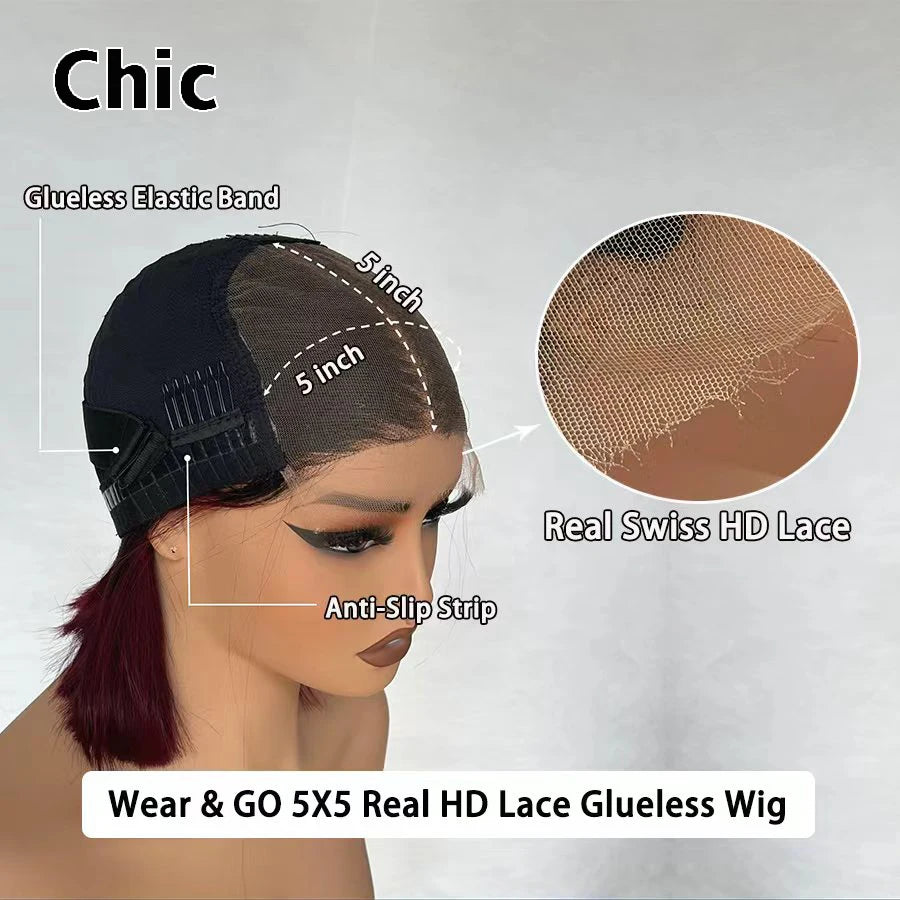 Gd Chic Real HD Lace Wig 100% Human Hair #1B/4 Colored Ombre Straight Short Bob Wig 200gram 5x5 HD Lace Closure Wigs Wear And Go